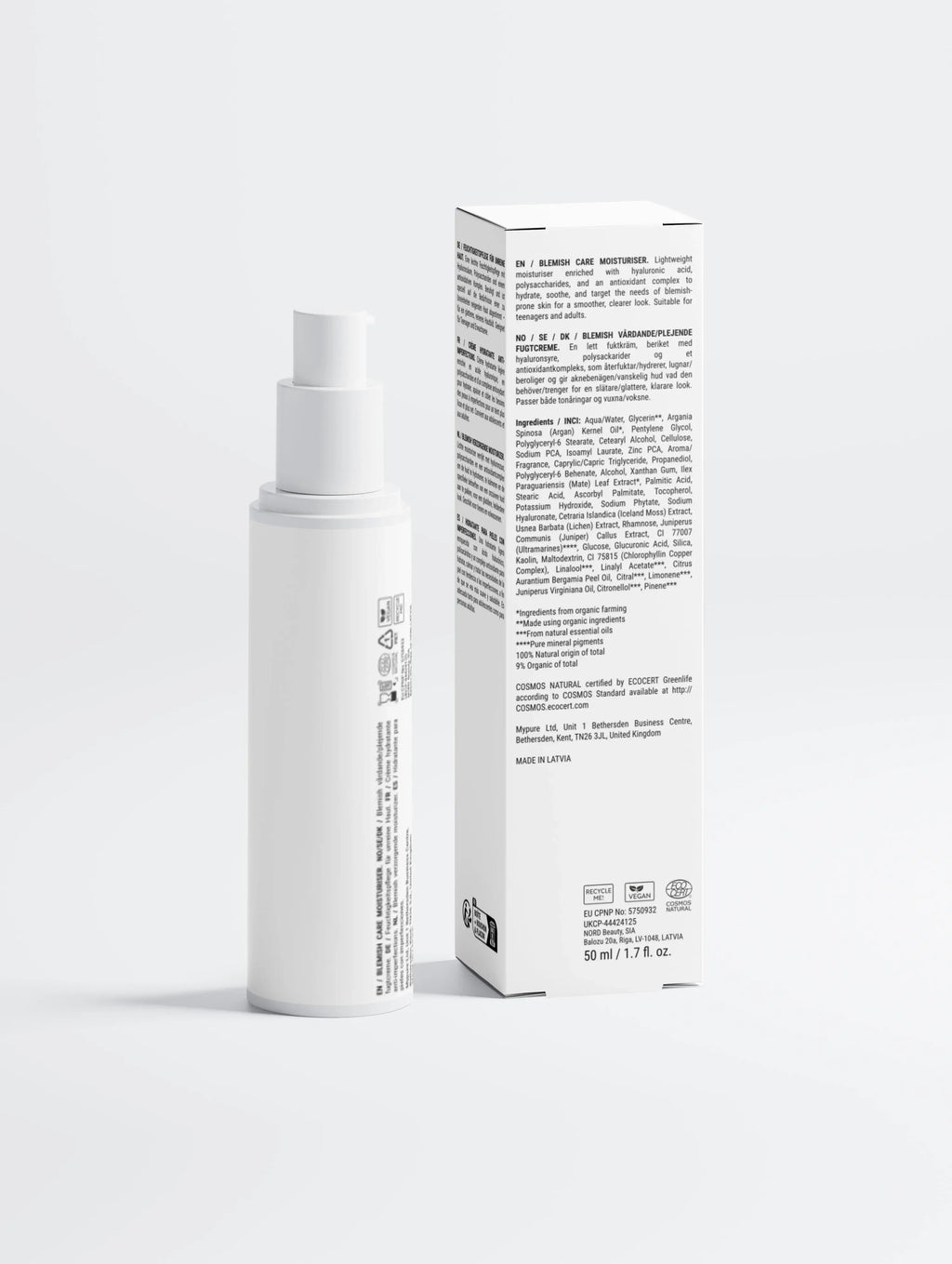 Moisturizer fles met pomp en ingrediëntenlijst, skincare verpakking tegen acne en anti-aging.