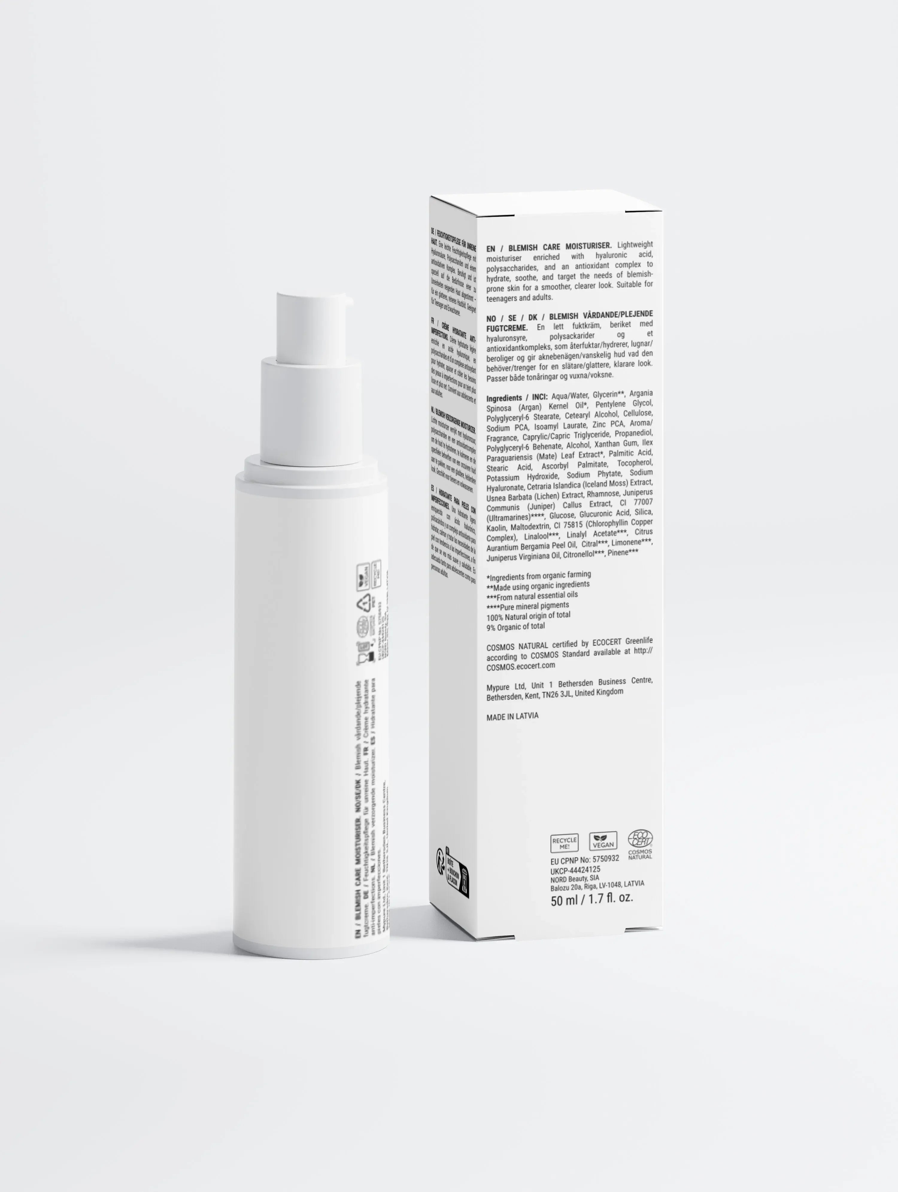 Moisturizer fles met pomp en ingrediëntenlijst, skincare verpakking tegen acne en anti-aging.