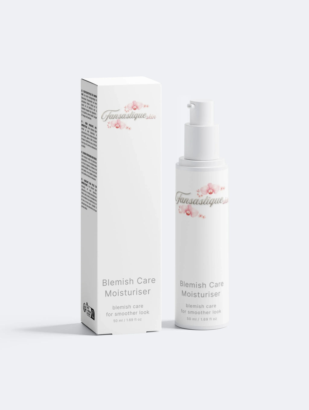 Blemish Care Moisturiser flacon naast verpakking, luxe huidverzorging tegen onzuiverheden