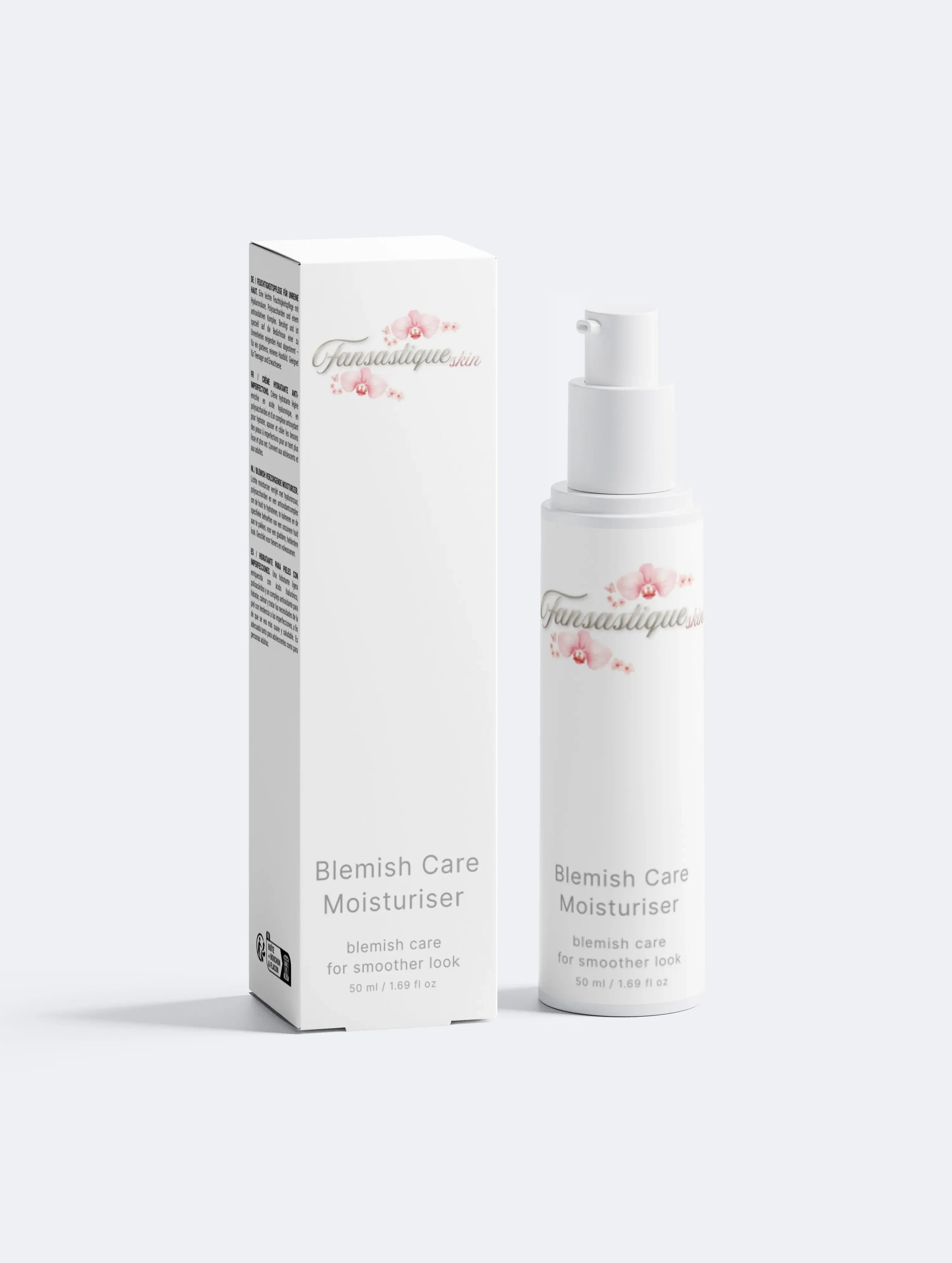 Blemish Care Moisturiser flacon naast verpakking, luxe huidverzorging tegen onzuiverheden