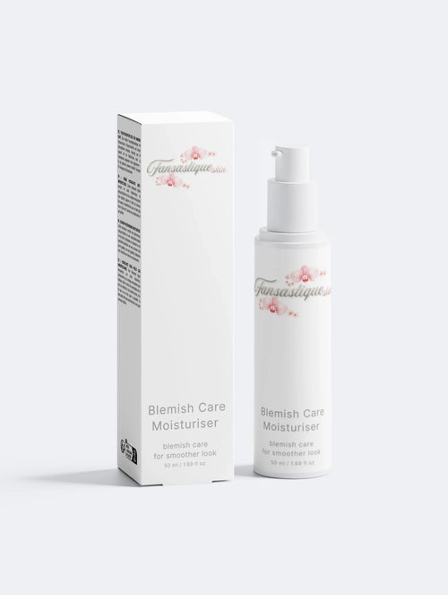 Blemish Care Moisturiser flacon naast verpakking, luxe huidverzorging tegen onzuiverheden