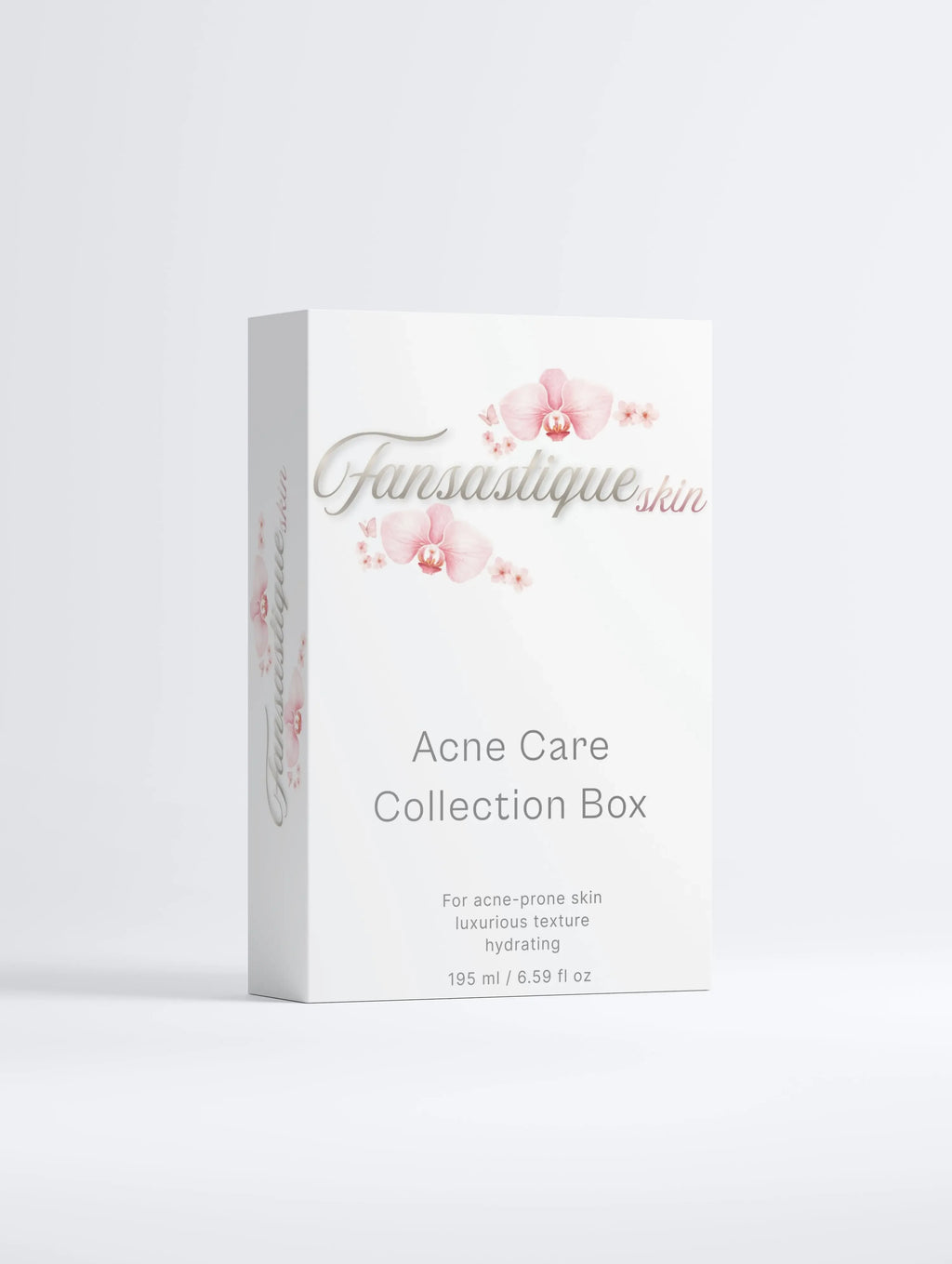 Witte verpakking Acne Care Collection Box met roze orchidee, huidverzorging voor acne.