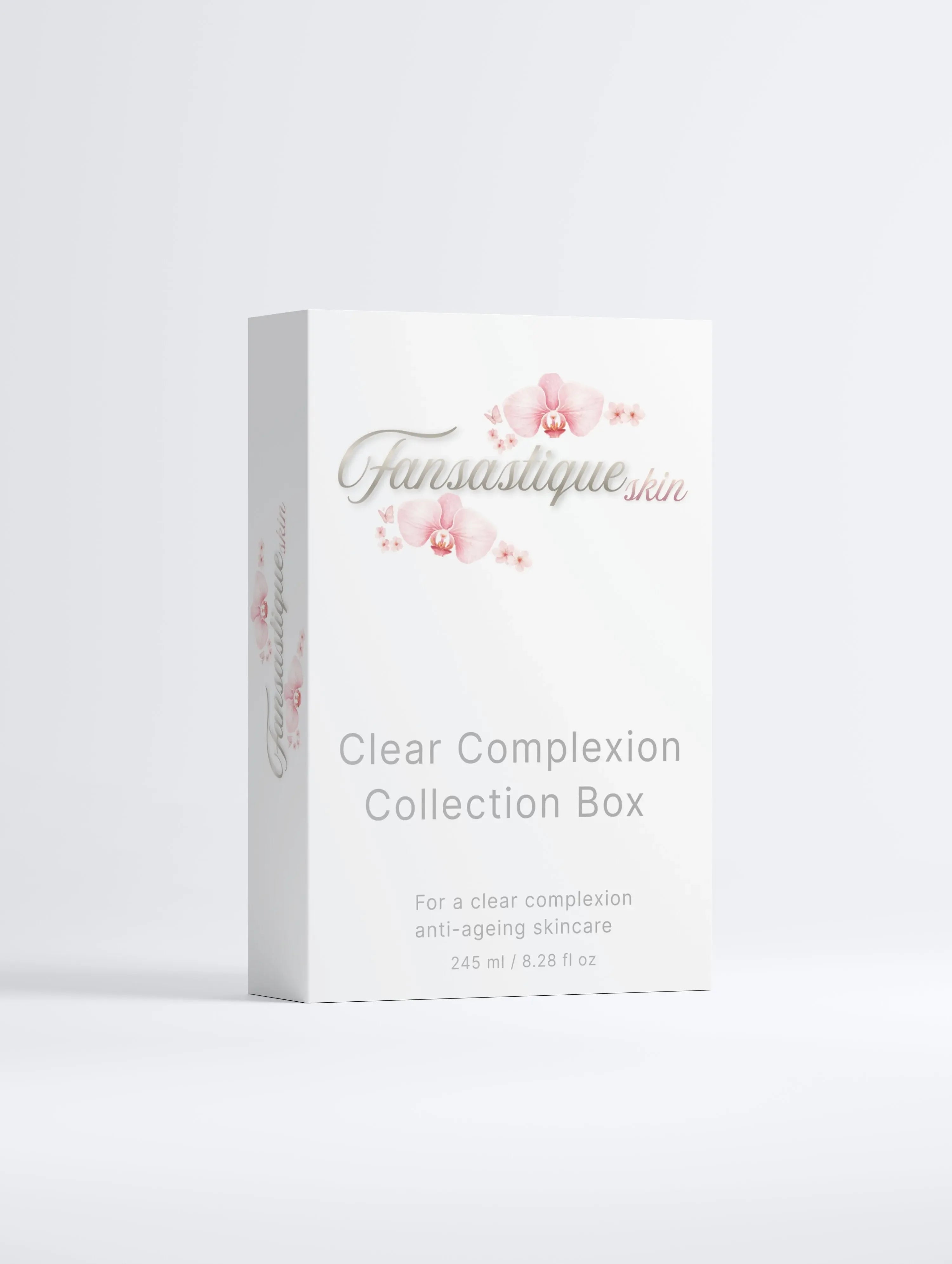 Luxe witte skincare verpakking met roze orchidee, Clear Complexion Collection Box, anti-aging