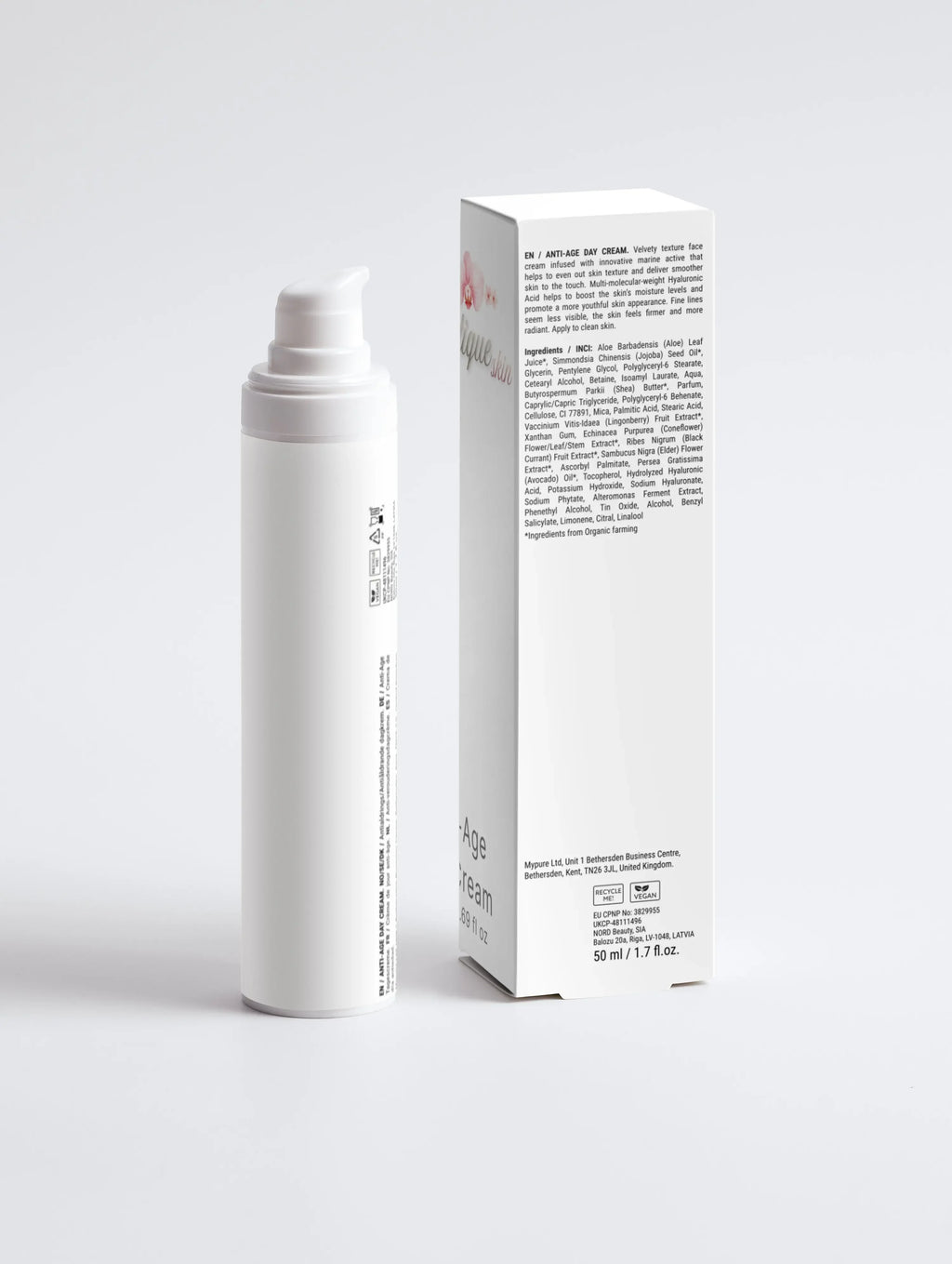 Witte anti-age dagcrème flacon met doos, luxe huidverzorging, 50 ml, minimalistisch design