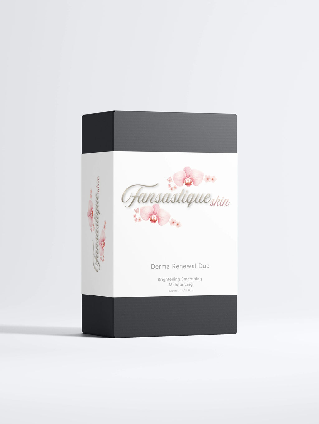 Verpakking Fansastique Skin Derma Renewal Duo, luxe huidverzorging met orchideeën op witte achtergrond