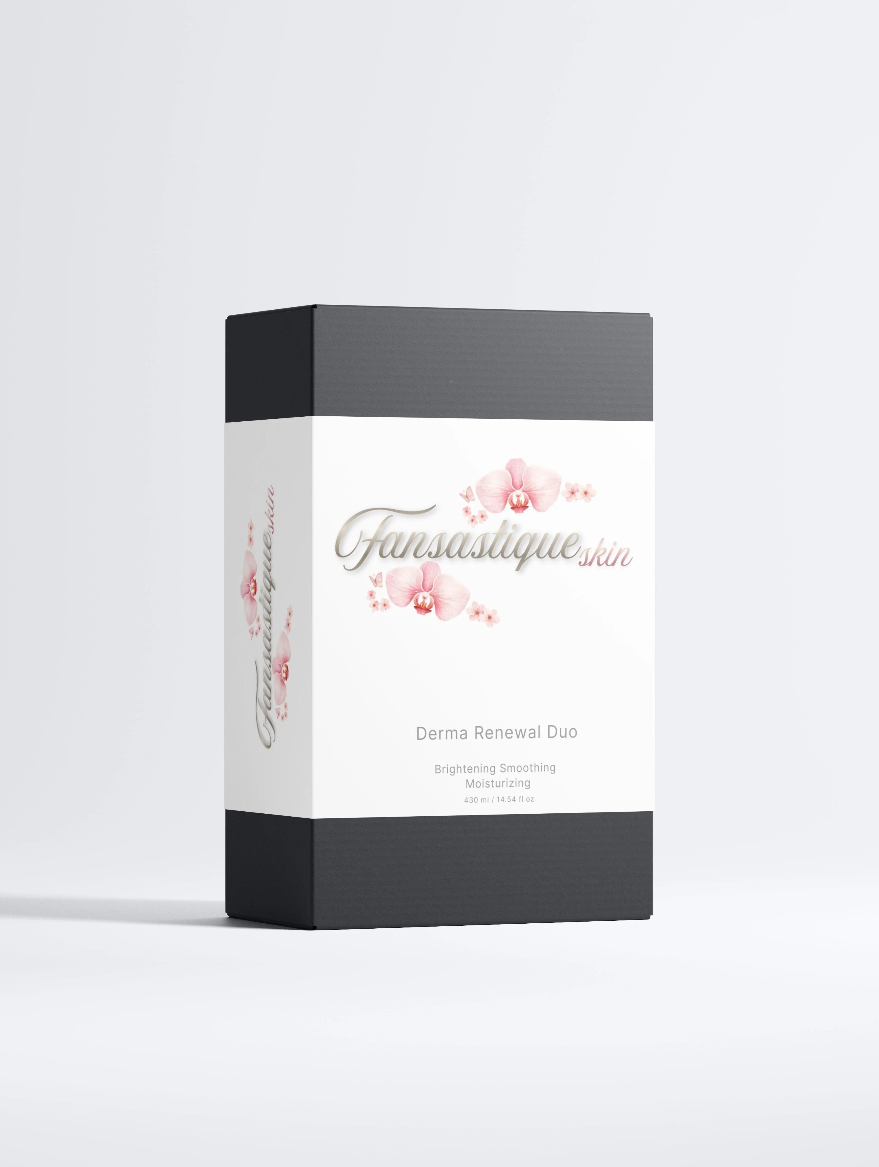 Verpakking Fansastique Skin Derma Renewal Duo, luxe huidverzorging met orchideeën op witte achtergrond