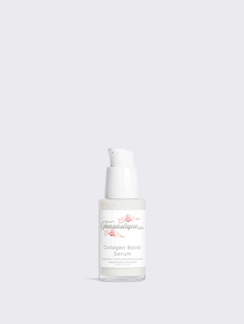 Witte flacon Collagen Boost Serum voor huidverzorging op een lichte achtergrond.