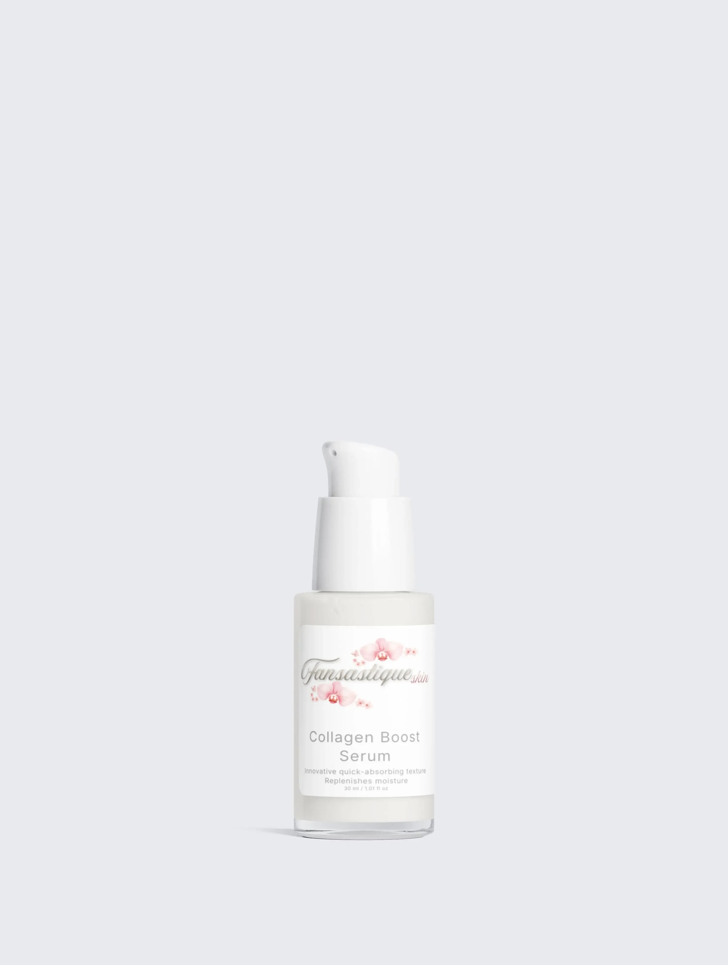 Witte flacon Collagen Boost Serum voor huidverzorging op een lichte achtergrond.