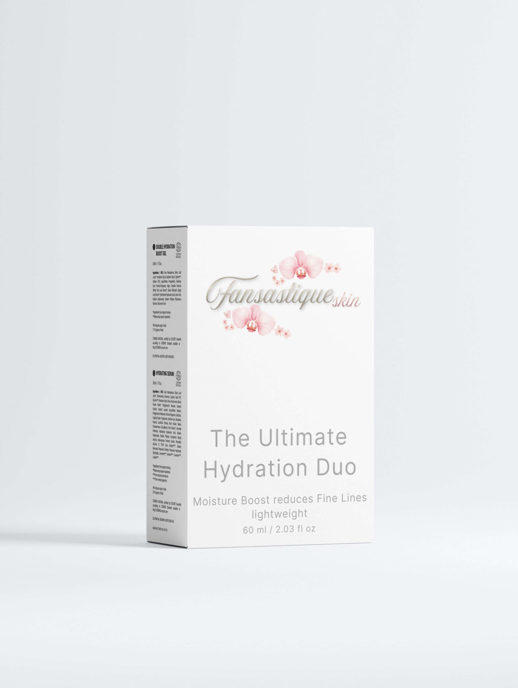 The Ultimate Hydration Duo skincare set met roze orchideeën op witte verpakking