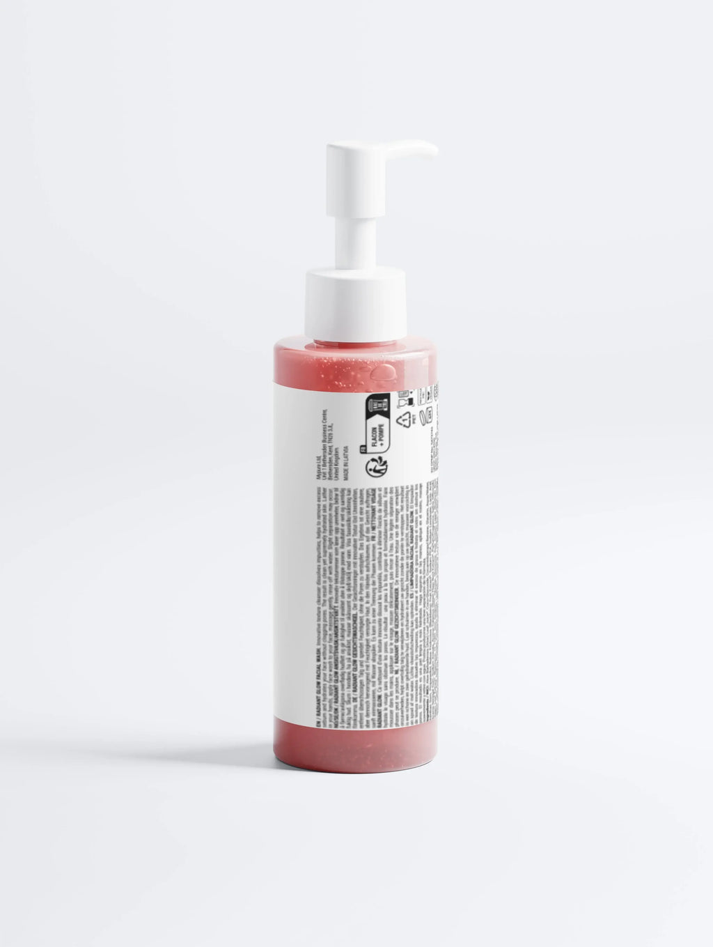 Luxe huidverzorging pompflacon met roze gel, witte etiketten en pomp, minimalistische achtergrond.