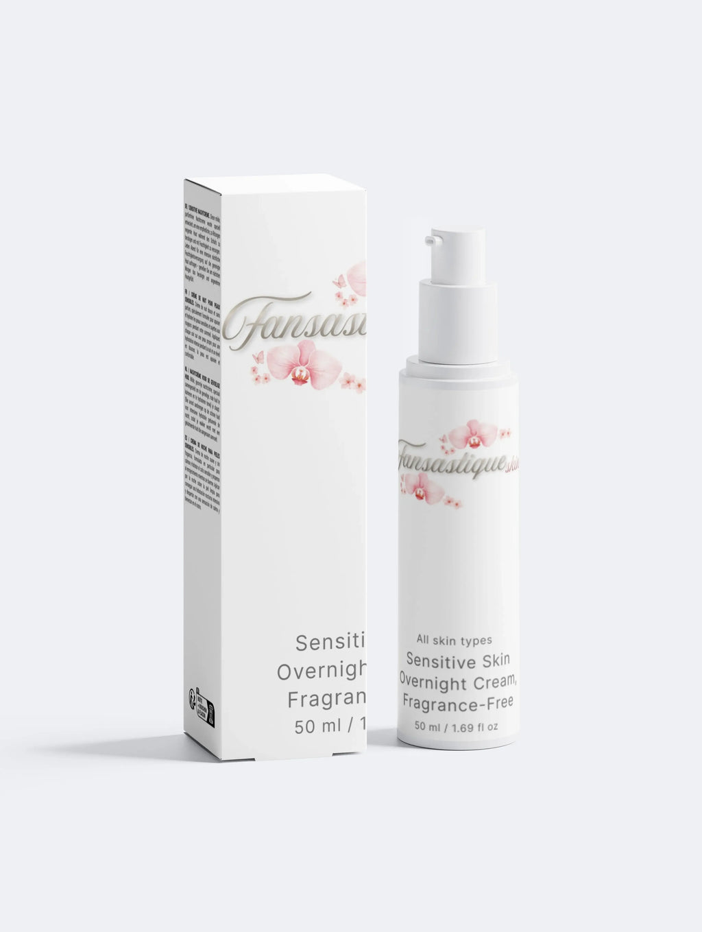 Gevoelige huid nachtcrème, parfumvrij, 50ml pompflacon en verpakking met orchidee illustratie