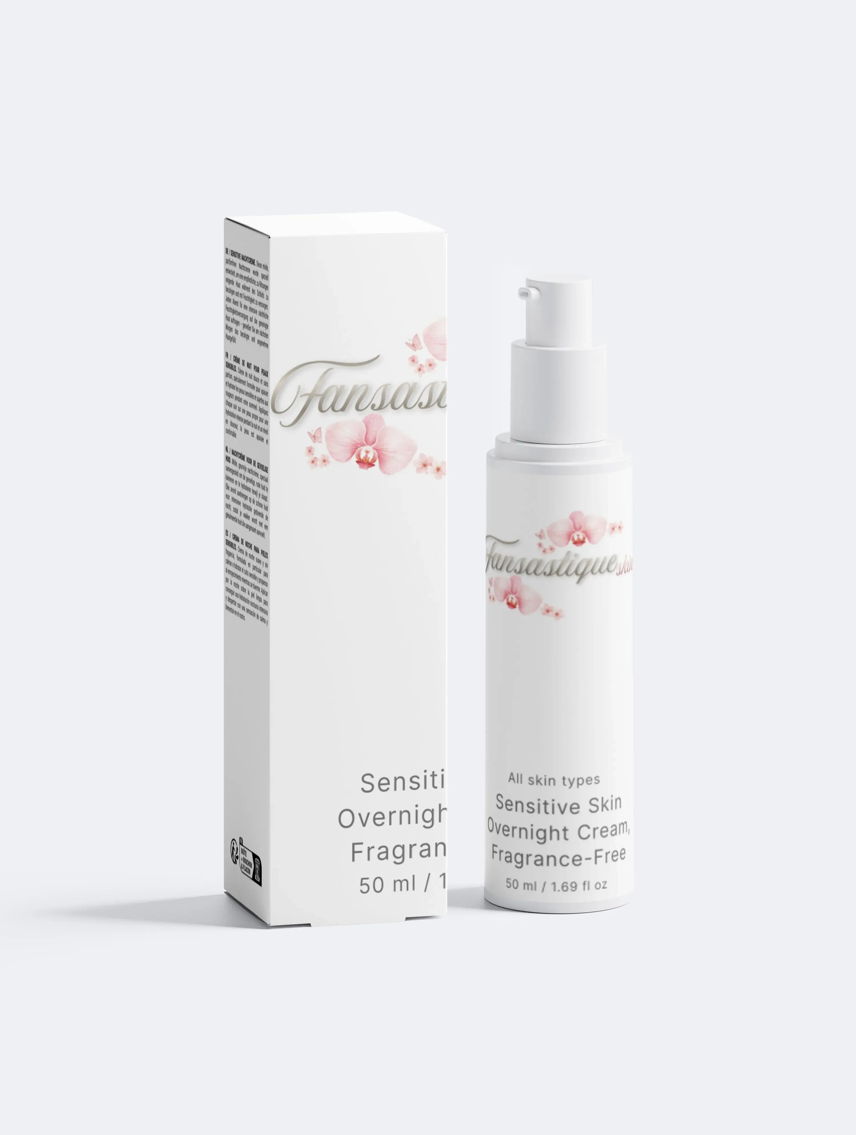 Gevoelige huid nachtcrème, parfumvrij, 50ml pompflacon en verpakking met orchidee illustratie