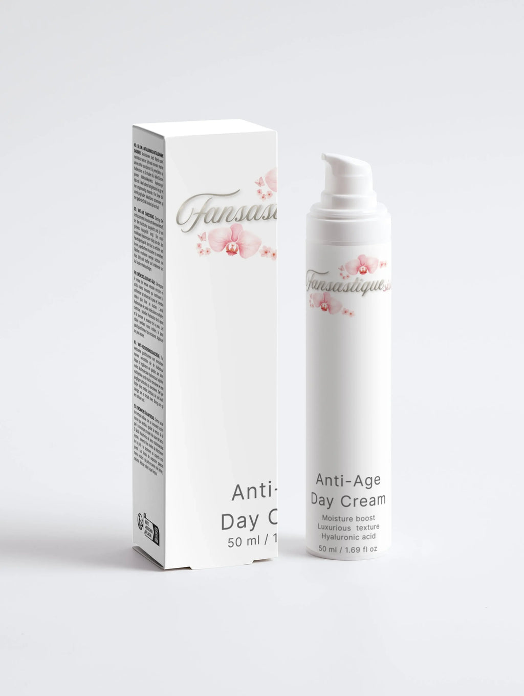 Anti-age dagcrème in witte fles met pomp en bijpassende doos, orchidee op verpakking