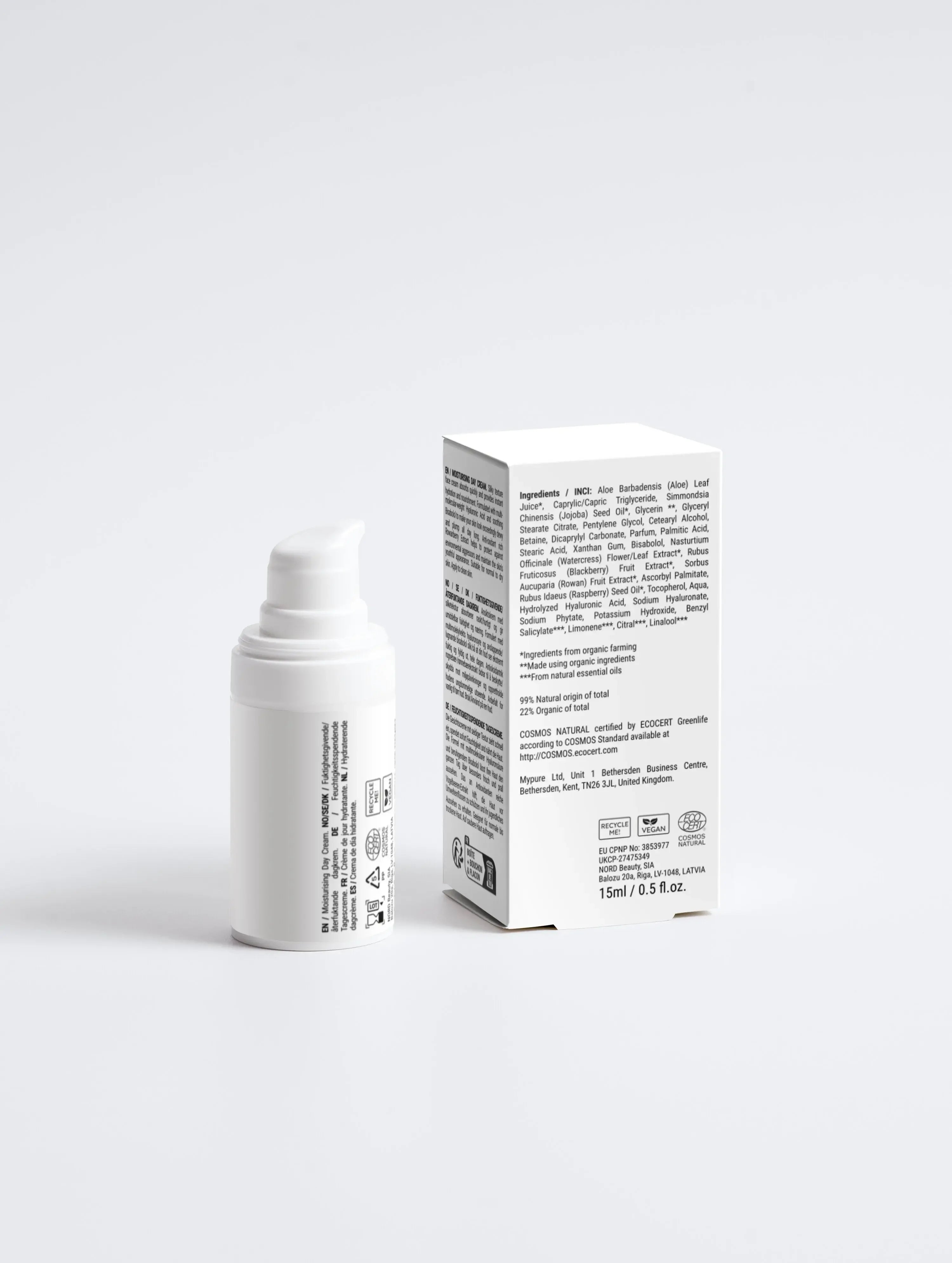 Witte skincare flacon en doos met ingrediëntenlijst, gezonde huid verzorging.