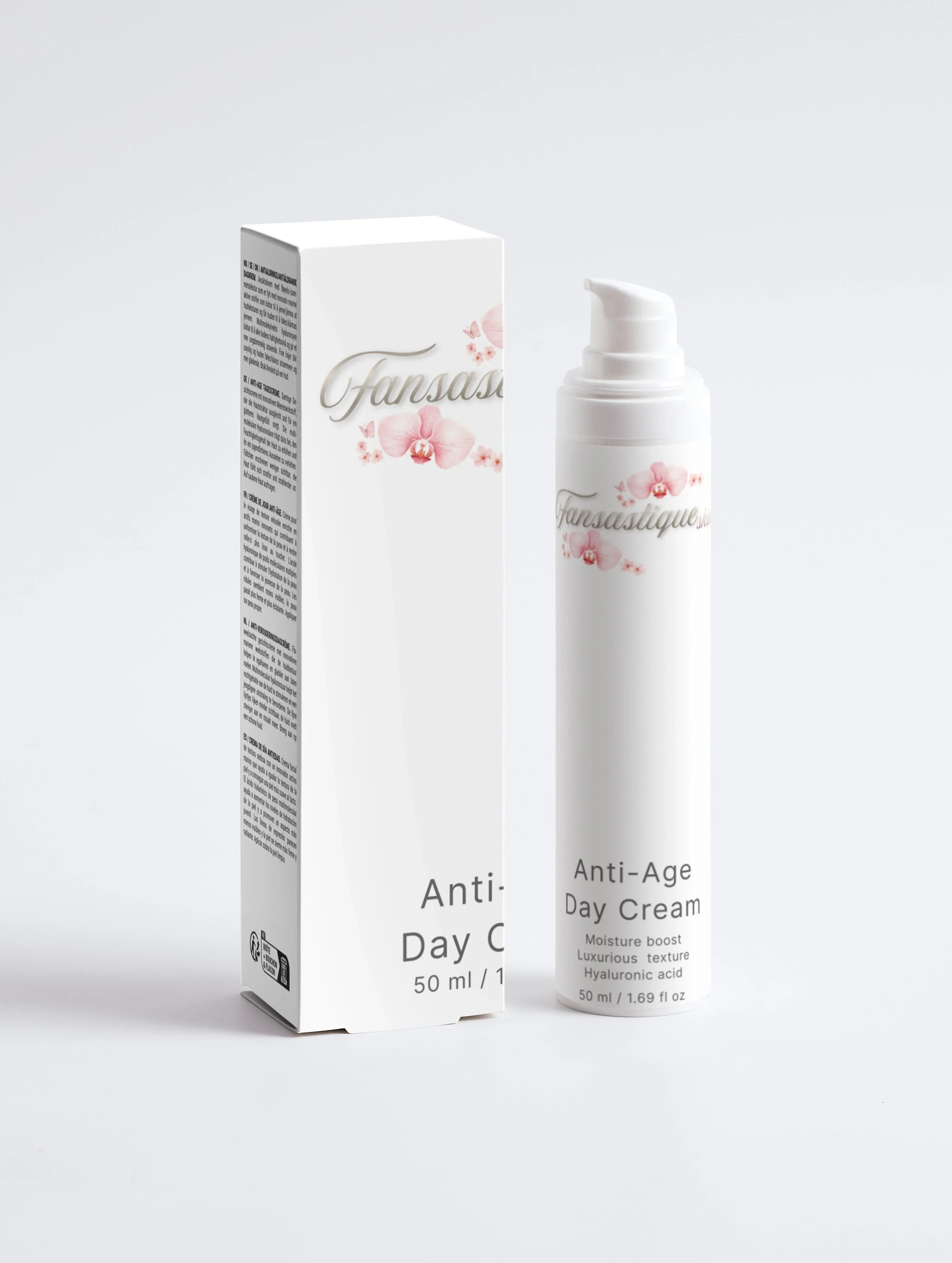 Anti-age dagcrème met hyaluronzuur en luxe textuur in witte fles en doos, 50 ml