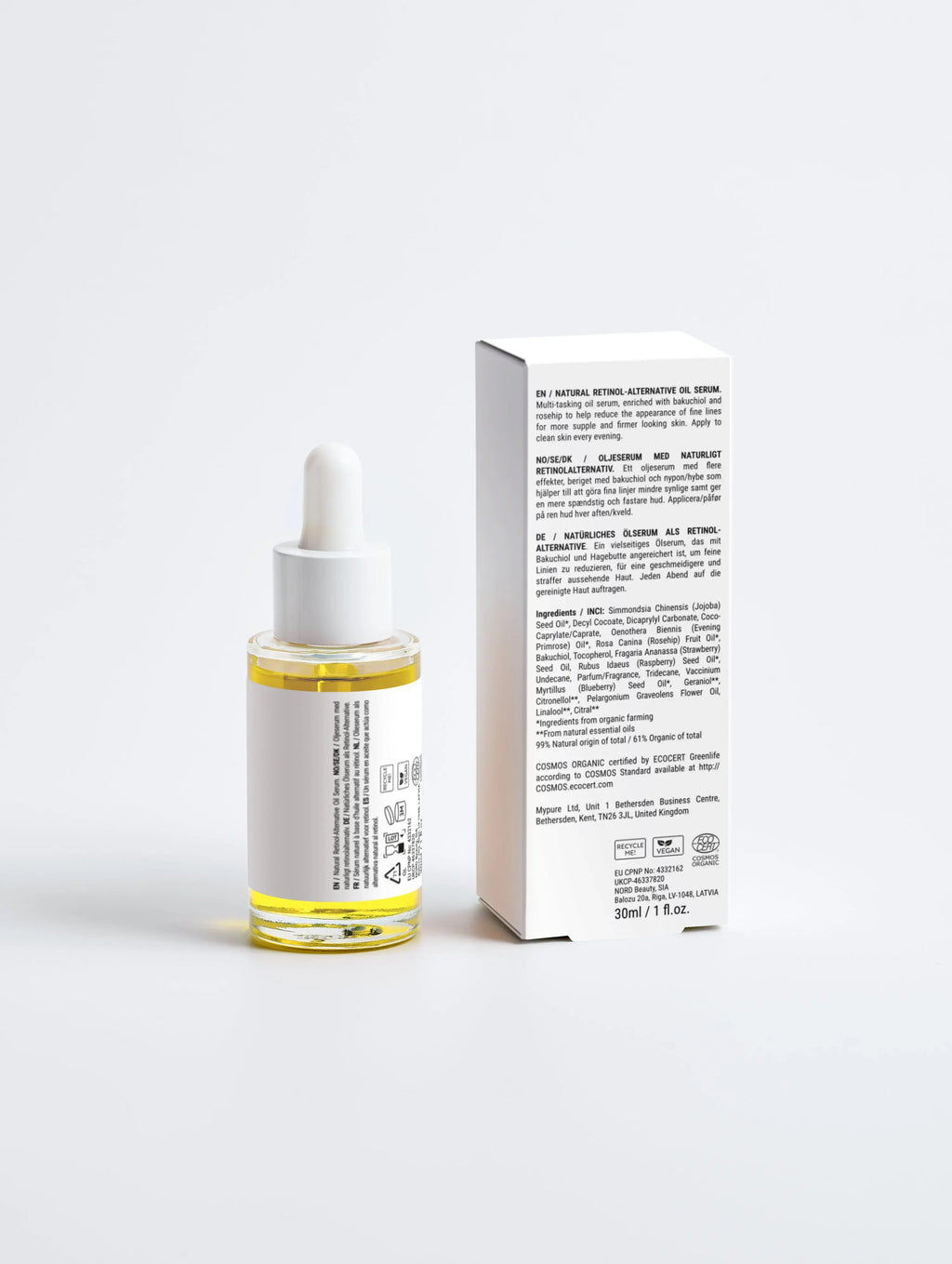 Gezichtsolie serum met pipet naast doosje, luxe huidverzorging tegen fijne lijntjes