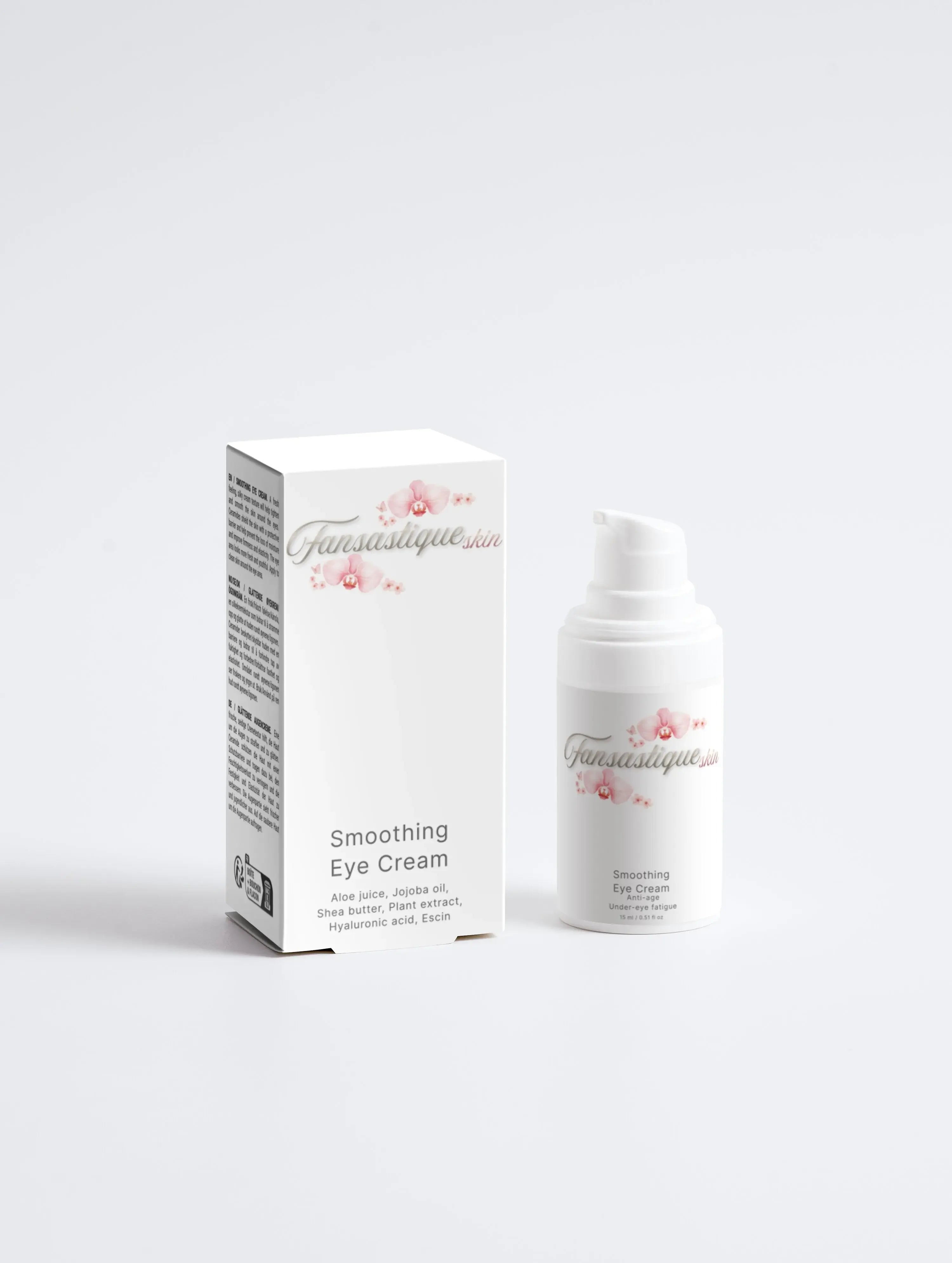 Smoothing Eye Cream flesje en verpakking met bloemen, verzorging tegen rimpels en wallen